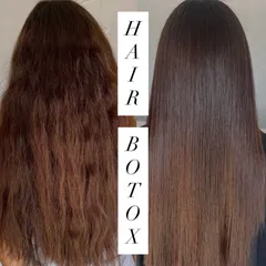 Here is the proof of what my Hair Botox treatment can do. On the left, you see hair that is frizzy and damaged. On the right, the same hair is smooth, straight, and full of life after just one session. This is my go-to solution for frizz control.