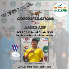 Aarez Asif proudly displays his silver medal for the 100-meter freestyle at the 2025 CBSE Zonal Championship. A fantastic swim against tough competition.