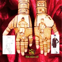 Your mehandi should be about you. For this bride, an air hostess, and her groom, a professional cricketer, I created custom figures that represent their professions. I can personalize your design to reflect your unique story.