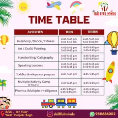 This is the detailed timetable for my after-school activities at the West Punjabi Bagh center. It lists the specific timings for classes like Hulahoop, Art, Speaking Leaders, and the Toddler Development Program.