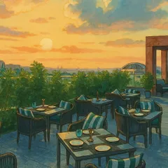 An artistic interpretation of an evening at Nakshatra. The warm sunset hues over the city create a picturesque setting for a memorable meal.