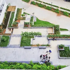 An overhead view of a podium landscape nearing completion within a residential development. We design these elevated green spaces to provide residents with accessible areas for relaxation and social gathering.