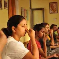 A group of dedicated students practicing pranayama together. The collective energy of a group practice enhances focus and deepens the experience for everyone involved.