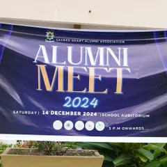 The banner for the 2024 Alumni Meet at Sacred Hearts School, a homecoming for our founder, Amukta Mahapatra.