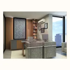 This image showcases a modern office space we designed, proving our expertise extends to commercial interiors. The design balances wood tones with cool greys for a professional yet inviting look.