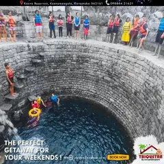 The perfect getaway for your weekend. A group of friends gets ready to jump into the well, a core part of the fun here at Triquetra.