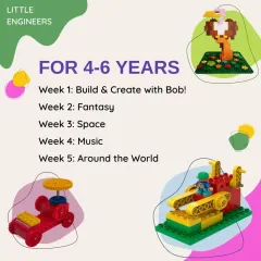 A weekly schedule for my 'Little Engineers' camp, with themes like 'Build & Create with Bob!', 'Fantasy', 'Space', and 'Around the World'.