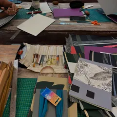 A snapshot from our Coptic binding workshop. The table is full of colorful papers, tools, and works-in-progress. It’s a space of focused creativity where participants learn to make their own journals and sketchbooks using this beautiful, ancient technique.