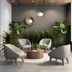 This lounge area incorporates biophilic design principles, using numerous indoor plants to create a calm and refreshing atmosphere. The minimalist furniture and natural materials make it a perfect waiting space or breakout zone.