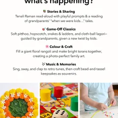 What's happening on Grandparents' Day? This graphic details the classic games like hopscotch, craft activities like making torans, and story sessions designed for kids and their grandparents to enjoy together.