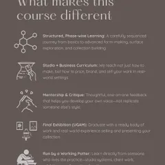 We focus on what makes our professional course different: a structured, phase wise learning journey that combines studio practice with a business curriculum, mentorship, and a final exhibition to launch your career.