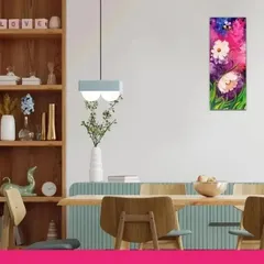 This is a digital mockup showing how the "Pink Blossom Flowers" canvas painting could look in a modern dining area. Its vertical orientation makes it ideal for narrow walls or accent spaces.