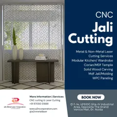 An elegant CNC jali cutting design used as a window screen. The intricate geometric pattern provides privacy while allowing light to filter through, creating beautiful shadows and enhancing the room's aesthetic.
