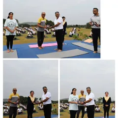 A collage showing moments of appreciation where I presented mementos to participants and guests during the International Yoga Day event.