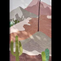 A close-up of the desert landscape portion of the mural, with its gentle rolling hills and cacti.