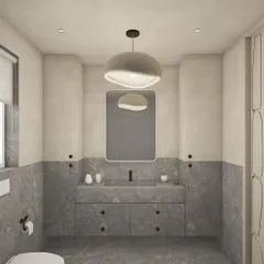 A render of a bathroom for 'Steen House'. Here, we are exploring how to use natural grey stone for the vanity, floor, and wainscoting to create a monolithic and serene effect.