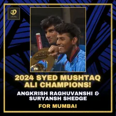 A proud moment for the academy as our players Angkrish Raghuvanshi and Suryansh Shedge become Syed Mushtaq Ali T20 Champions with the Mumbai cricket team.