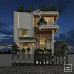 An alternate view of our Gujarat bungalow concept, focusing on the intricate facade details and landscaping. The design uses geometric screens and layered balconies to add depth and character, ensuring a unique architectural statement.