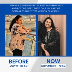Kirthana's journey is a powerful example of post-delivery transformation. She gained weight during her pregnancy but has been consistently working to get back to the fittest version of herself, dropping from 88 kg to 79 kg.