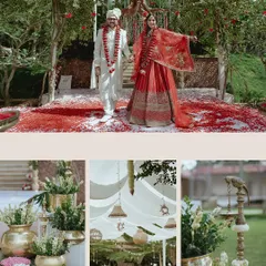 A collage showcasing a serene outdoor wedding, from the bride's entrance on a path of petals to the elegant white-draped reception tent.