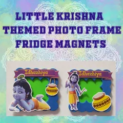 I love bringing a client's theme to life. These are custom Little Krishna photo frame magnets I made as return gifts. I can personalize these with different characters and names, making them a unique and memorable party favor for your guests.