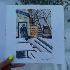 My first time painting snow! This watercolour sketch captures a quiet, snow-covered backyard in Somerville, Boston. I loved the challenge of painting the soft textures and cool light.