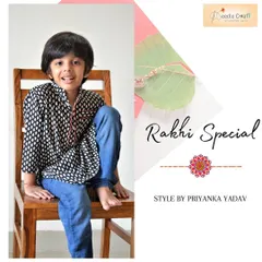 For a more contemporary ethnic look, I designed this printed short kurta to be paired with jeans. It's a comfortable and stylish option for boys who want a modern twist on traditional wear for festivals.