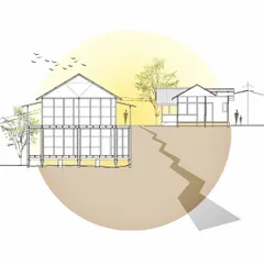 An artistic elevation drawing that illustrates the 'Assam type house' in its context. This style of architecture was introduced after the great 1897 earthquake, adapting Japanese techniques to local materials.