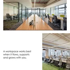 A workspace works best when it flows, supports, and grows with you. This image showcases a flexible office layout with both collaborative benching systems and enclosed meeting rooms, providing a variety of settings to suit different tasks and work styles.
