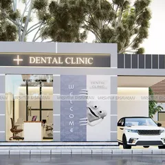 A 3D exterior and interior view of a proposed dental clinic. The design is clean, modern, and welcoming to put patients at ease from the moment they arrive.