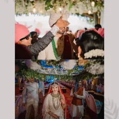 A collage showing the bride's grand entrance under the phoolon ki chadar and the groom's playful nose-pinching ritual. These are the moments that make North Indian weddings so special.