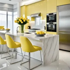 A showcase of our modern kitchen design, this space features vibrant yellow high-gloss cabinets paired with a stunning marble waterfall island. The design emphasizes clean lines, integrated appliances, and a breakfast bar for casual dining, creating a cheerful and highly functional cooking environment.