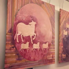 This painting is from my "Kamaduha" series, which blends traditional Pichwai motifs with my modern contemporary style. The sacred cow is depicted in silhouette against a vibrant, textured background, representing my own core of being modern with deep traditional roots.