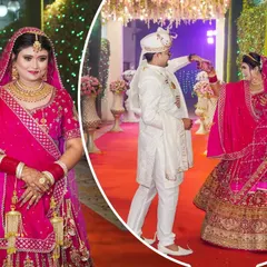 A creative album layout showing the bride's portrait alongside a candid shot of the couple on the reception stage.