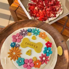 Cooper celebrated his 4th birthday with a floral-themed chicken and peanut butter cake and a delicious chicken pizza. I love how the bright, edible flowers frame his name.