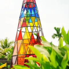 Recreating the iconic Coachella "Spectra" tower with colorful acrylic panels. This 20-foot structure served as the central art installation and a fantastic photo opportunity for the festival-themed Haldi.