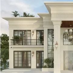 This angle of our neo-classical estate shows the careful balance of proportions. The full-height French windows and symmetrical arrangement create a sense of order and grandeur, grounding the home with architectural gravitas.