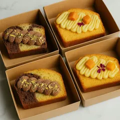 I also offer my cakes by the slice. Pictured here are my Coconut Mango and Choco Pistachio cake slices, both beautifully decorated and individually boxed.