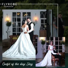 A collage showing different poses from a pre-wedding shoot. The groom-to-be is in a classic vest and suit combo, while she wears a stunning white gown with a long train, all available for rent.