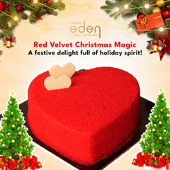 Red Velvet Christmas Magic. A festive, heart-shaped red velvet cake that combines a holiday favorite with a romantic shape, making it a delightful treat for the season.
