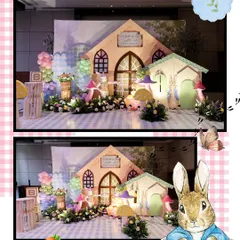 A whimsical garden setup for the Peter Rabbit baby shower, creating a beautiful backdrop for photos and gift opening.