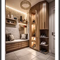 A cozy and rustic entryway nook. The design includes a comfortable seating bench with storage drawers underneath, open shoe shelves, and a textured stone accent wall that adds a lot of character.