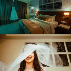 A collage showing the wedding dress waiting and a playful moment with the bride and her veil.