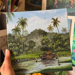 I painted this serene scene of the Kerala backwaters, capturing a traditional houseboat floating on the calm water surrounded by lush palm trees. This tranquil landscape artwork brings the peace of "God's own country" to life.