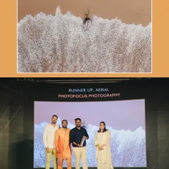 Celebrating our Runner-up award for Aerial Photography. This collage features the award-winning drone shot, which captures a unique and breathtaking perspective of a couple by the sea, alongside the moment we received the award.