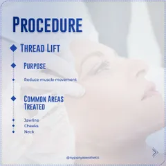 The purpose of a thread lift is to physically lift the tissue and also to stimulate collagen production over time. It is commonly used to treat the jawline, cheeks, and neck.