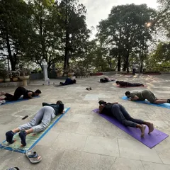 A moment of rest and release during our Bodhichitta wellness retreat. Practicing outdoors allows us to connect deeply with the earth and find a sense of grounding.