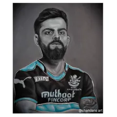 This is a realistic portrait of cricketer Virat Kohli, created using my signature technique of crushed charcoal and white stone powder. This medium allows for incredible detail and shading, perfect for capturing likenesses of public figures.