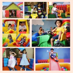 A Children's Day special collage filled with smiling faces. It’s a joy to see kids having the time of their lives, whether they're sliding into a ball pit, driving a go-kart, or jumping on a bouncy castle.