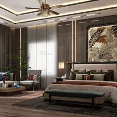 This bedroom design features a stunning backlit floral panel that doubles as a TV backdrop. The room combines sleek wood finishes, plush fabrics, and warm lighting to create a sophisticated and comfortable retreat with a strong connection to nature.